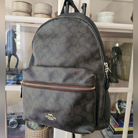 Coach Charlie Large Backpack Signature Brown Black Logo F58314 - Picture 1 of 12